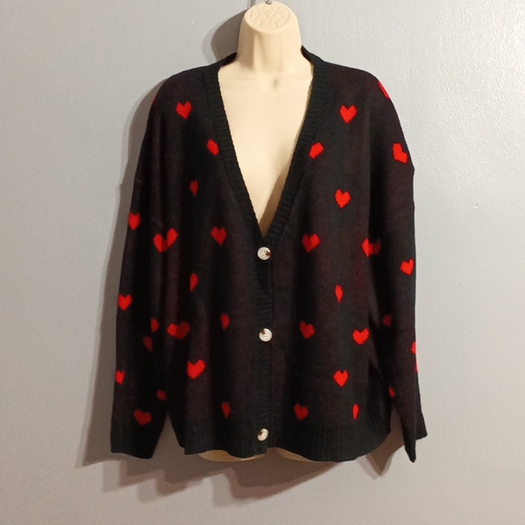Shein Plus black with red ♥️ heart pattern drop shoulder duster cardigan 3xl - Picture 4 of 17